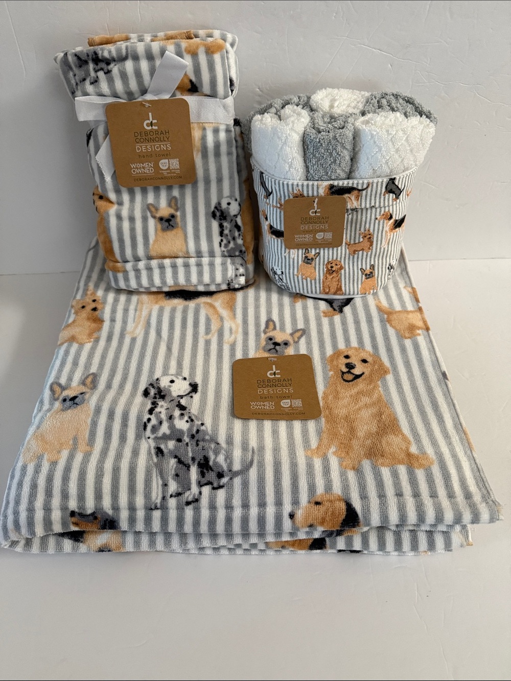 NWT Deborah Connolly 11 Piece Cotton Bath Towel Set White Gray Stripe Multi Dogs